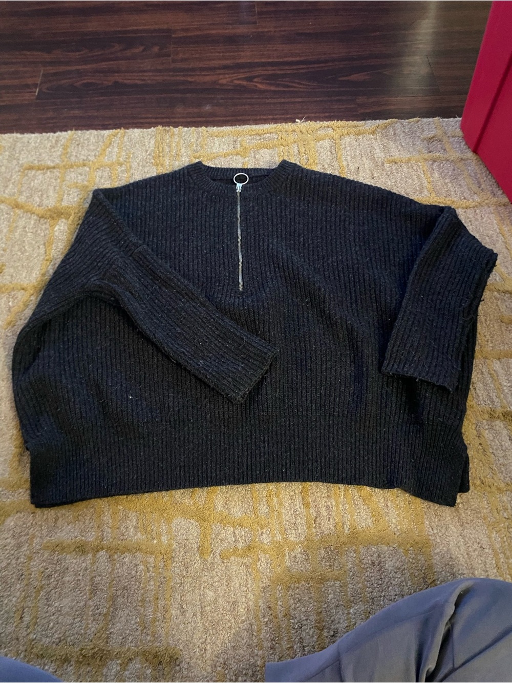 All Saints Black Ribbed Half-Zip V-Neck Sweater